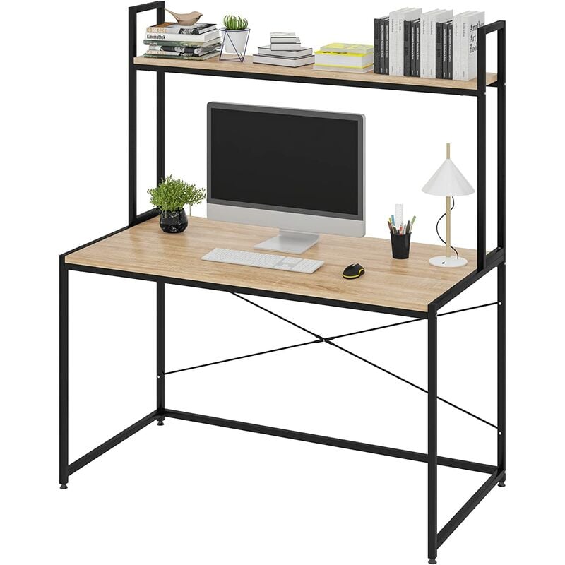 Bureau d'ordinateur avec étagère.Table de bureau en acier et en bois. 120x60x140cm.14.6kg.Noir+chêne clair - Woltu