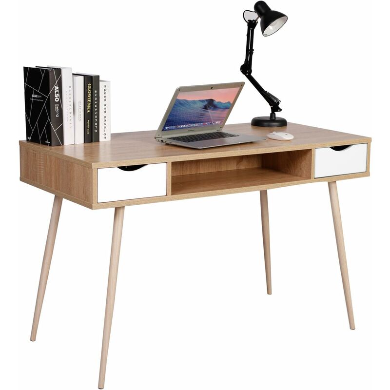 WOLTU Bureau d'ordinateur en métal et bois. Table de bureau avec 2 tiroirs et 1 compartiment ouvert.120x58x77cm.Chêne