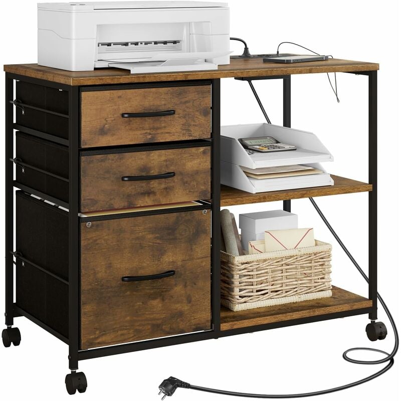 Woltu - Caisson Bureau 40 x 80 x 66 cm, Armoire de Bureau à roulettes, Meuble Imprimante avec Station de Charge, Tiroirs, Étagères, Prises, Ports