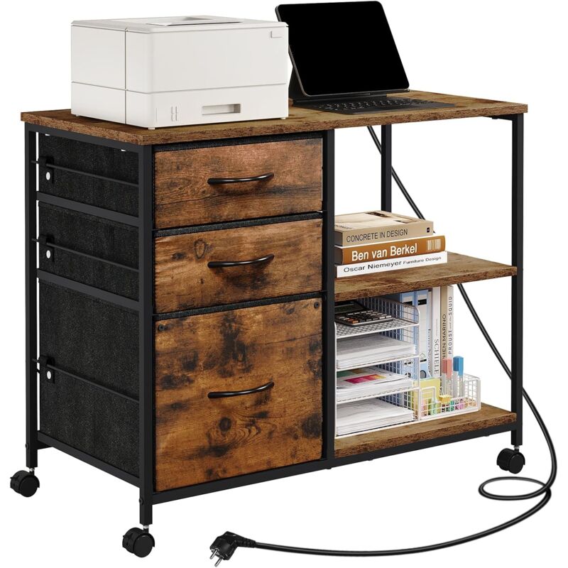 Woltu - Caisson Bureau, Armoire de Bureau à roulettes, Meuble Imprimante, 3 Tiroirs, 2 Étagères, 2 Prises, 2 Ports usb, Marron Rustique