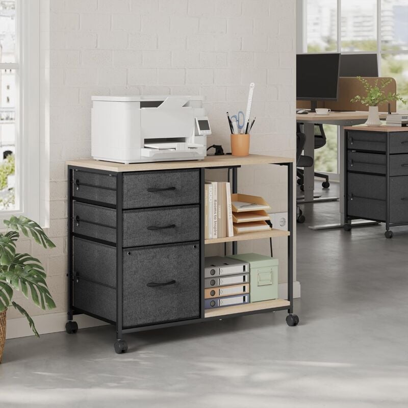 Woltu - Armoire de Bureau à roulettes Meuble de Chevet, 2 Étagères, 2 Prises, avec Station de Charge, Chêne Clair