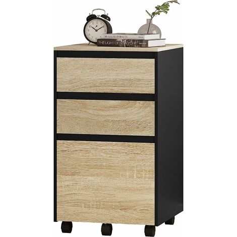 Woltu – Caisson mobile de rangement bureau 3 tiroirs – Dimensions 40x40x70cm – Bois d'ingénierie E1 chêne clair et noir – Roulettes pivotantes 360°
