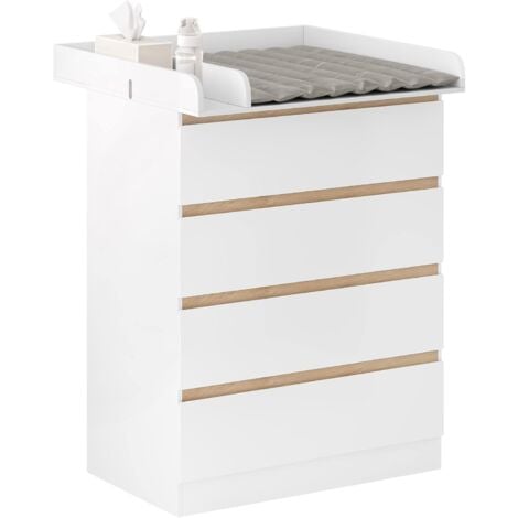 WOLTU Cambiador Bebe con 4 Cajones Comoda Cajonera con Accesorio Cambiador para Bebés Cómoda Blanca con Tapa Cambiador para Dormitorio Salón y Habitación Infantil MDF