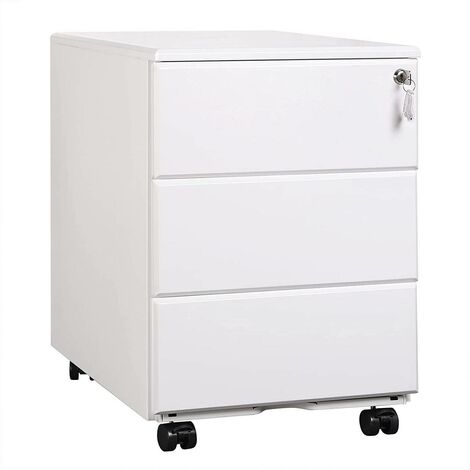 WOLTU Cassettiera da Ufficio Scrivania Studio con Rotelle Mobiletto e Serratura Bianco - Bianco