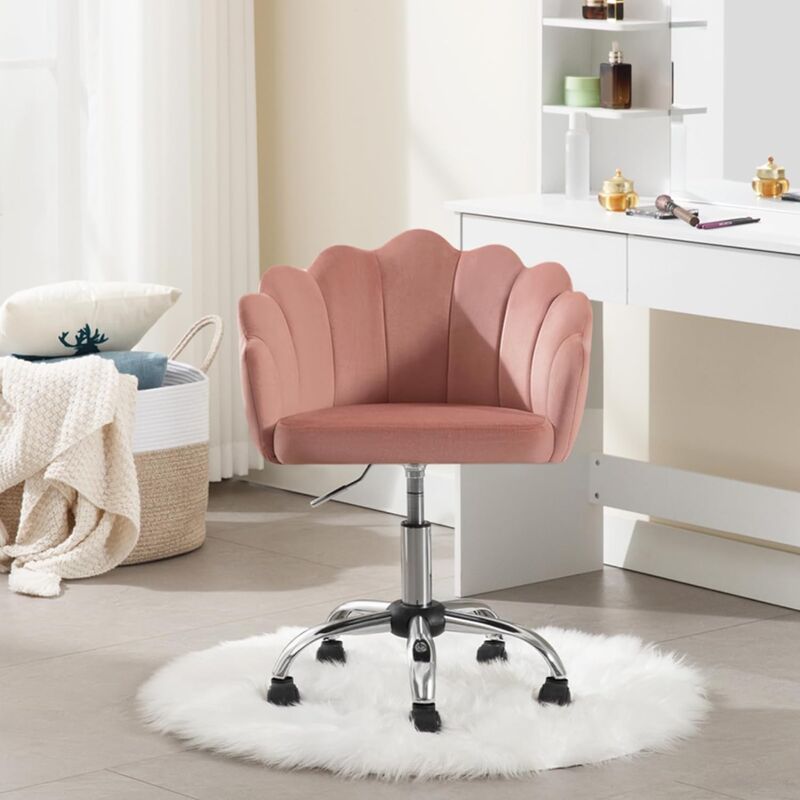 Woltu - Chaise Bureau en Velours + Métal, Chaise Coiffeuse, Fauteuil Coquillage, Chaise de Bureau, Hauteur Réglable, Rose