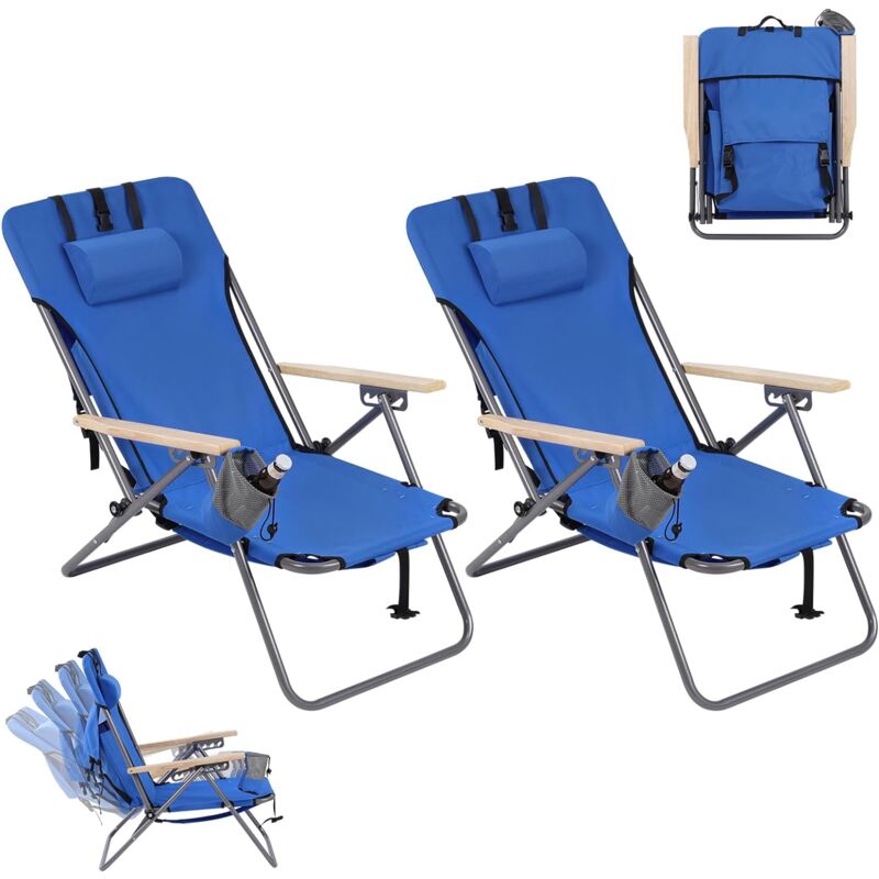 Lot de 2 Chaise Camping Pliante, Chaise Longue, Chaise de Pêche, Fauteuil Camping, Chaise de Plage, Tissu Oxford, Bleu - Woltu