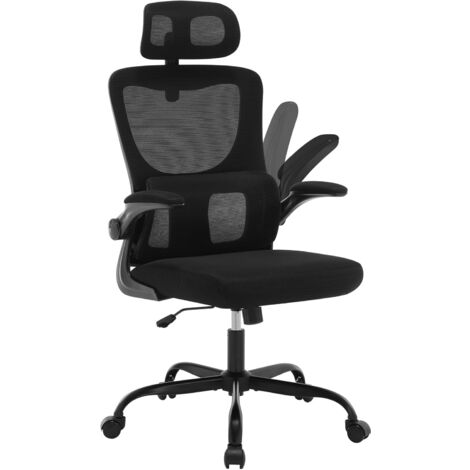 WOLTU Chaise de Bureau Ergonomique, Chaise Pivotante sur roulettes, avec Fonction Inclinable, Appui-Tête Réglable, Accoudoirs Relevables, en Maille, Noir