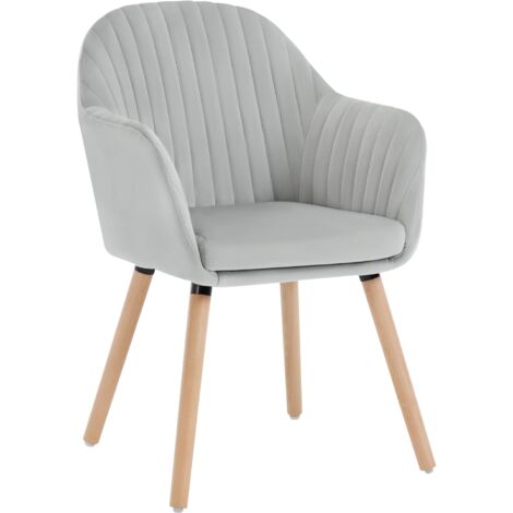 Woltu – Chaise de salle à manger en velours et bois massif – Dossier incurvé et accoudoirs rembourrés – Confort ergonomique – Gris clair