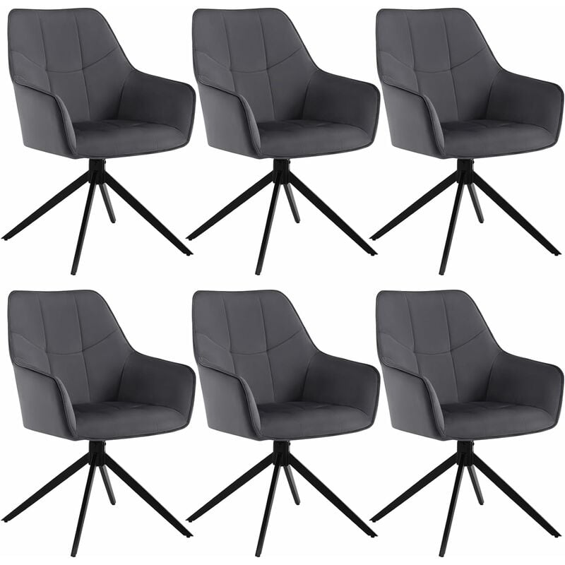 Woltu - Lot de 6 Chaises de Salle à Manger Pivoter à 360° en Velours + métal, 45 x 41 x 86cm, Chaise de Cuisine avec Dossier, Gris Foncé
