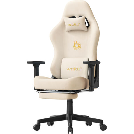 WOLTU Chaise Gaming, Chaise Bureau Ergonomique avec Accoudoirs 3D en Imitation Daim Respirant, Repose-pieds Rétractable, Crème
