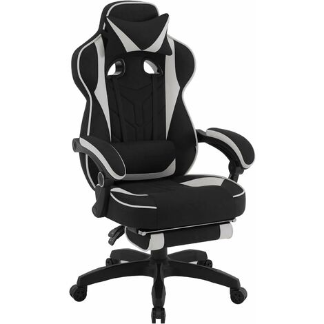 WOLTU Chaise Gaming en Tissu Respirant, Fauteuil Gamer Ergonomique, avec Coussin Lombaire, Appui-Tête et Repose-Pieds, Tissu Leathaire, Gris