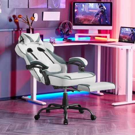 Woltu – Chaise gaming ergonomique pivotante 360° – Tissu leathaire – Réglable en hauteur – Repose-pieds rétractable – Roulettes silencieuses