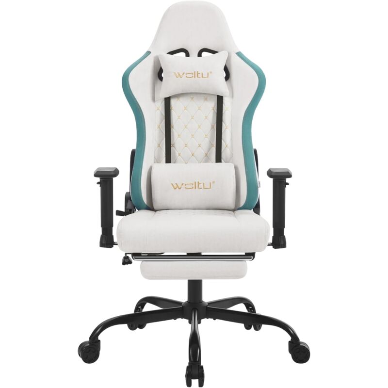 Chaise Gaming, Fauteuil Gaming, avec Coussin Lombaire Massant, Chaise Ergonomique avec Appui-tête, Repose-Pieds, Charge 150kg, Tissu Technique, Blanc