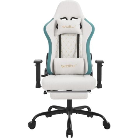 WOLTU Chaise Gaming, Fauteuil Gaming, avec Coussin Lombaire Massant, Chaise Ergonomique avec Appui-tête, Repose-Pieds, Charge 150kg, Tissu Technique, Blanc