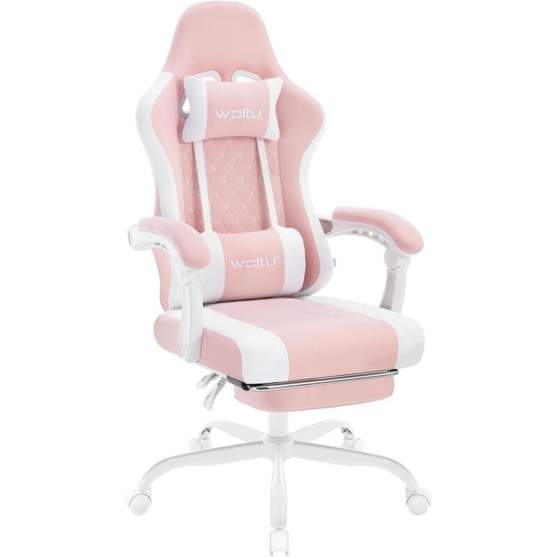 Woltu - Chaise Gaming Massante Fauteuil Gamer, avec Coussin à Ressorts, Soutien Lombaire Massant, Appui-tête, Repose-Pieds,Tissu Maille, Rose+Blanc