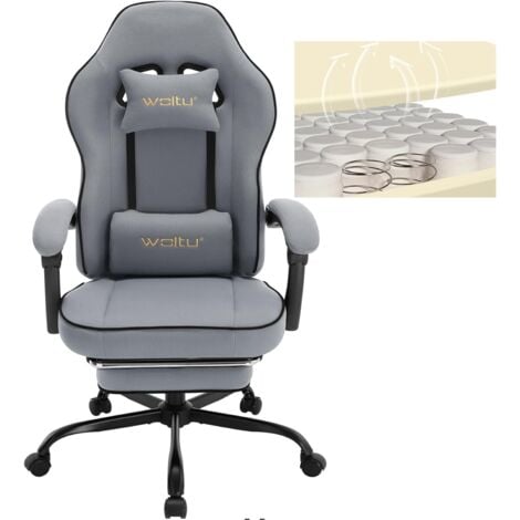 WOLTU Chaise Gaming, Fauteuil Gaming, Chaise Ergonomique, avec Coussin à Ressorts Ensachés, Appui-tête, Support Lombaire, Repose-Pieds, Tissu Maille, Gris
