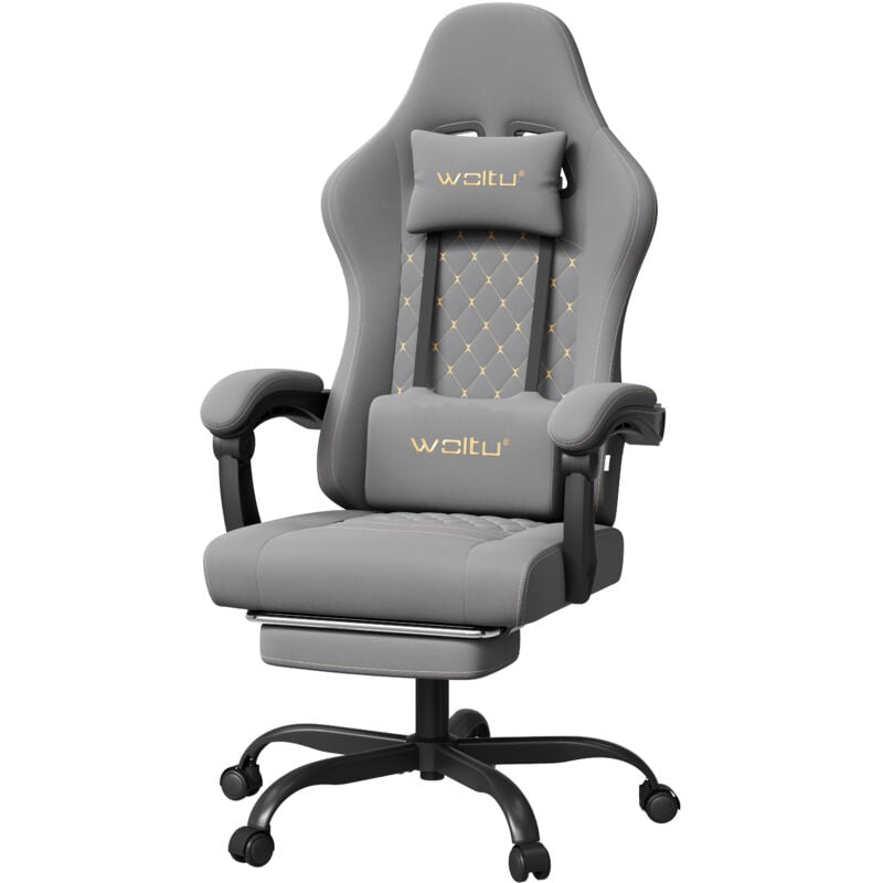 WOLTU Chaise Gaming Massante, Fauteuil Gamer, Chaise Ergonomique, Appui-tête, Repose-Pieds, Charge 150kg, Tissu Maille, Gris+Jaune