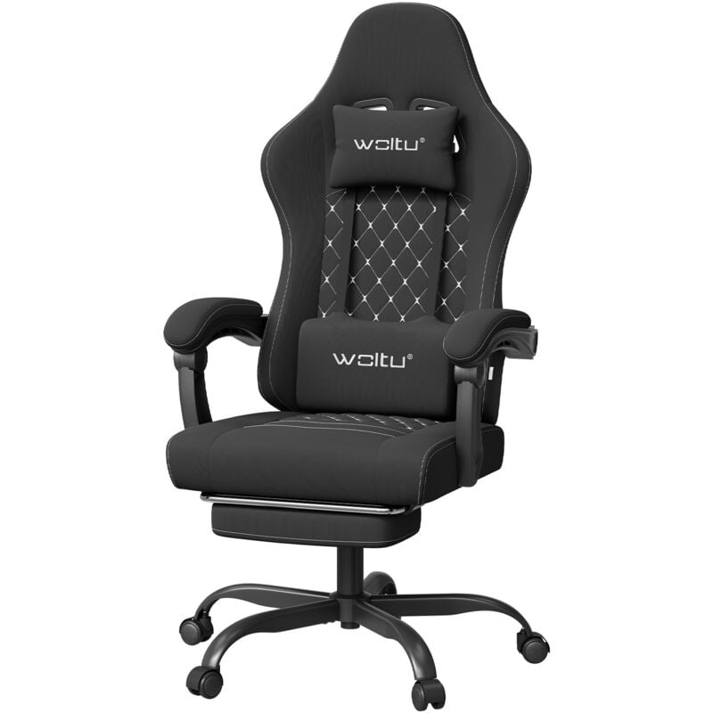 Woltu - Chaise Gaming Massante, Fauteuil Gamer, Chaise Ergonomique, Appui-tête, Repose-Pieds, Charge 150kg, Tissu Maille, Noir+Blanc