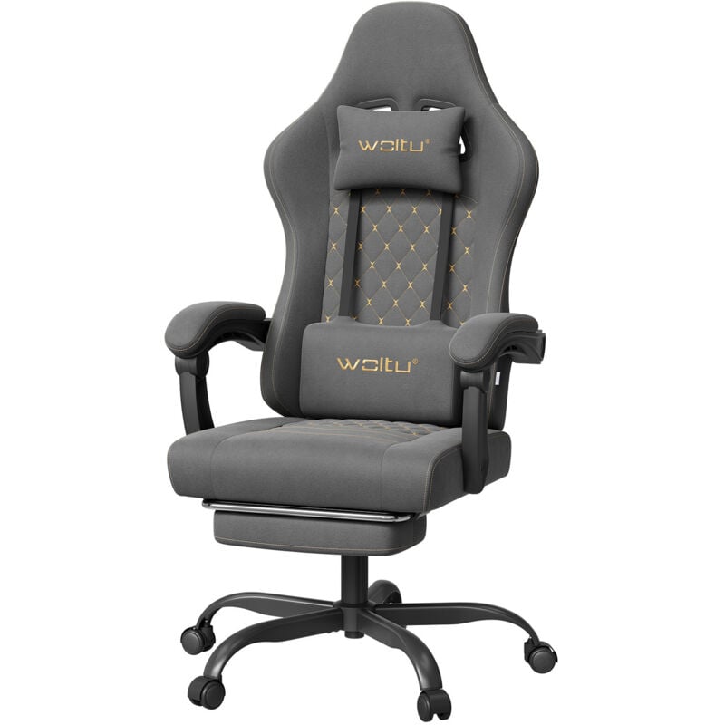 Woltu - Chaise Gaming Massante, Fauteuil Gamer, Chaise Ergonomique, Appui-tête, Repose-Pieds, Charge 150kg, Tissu Technique, Gris+Jaune