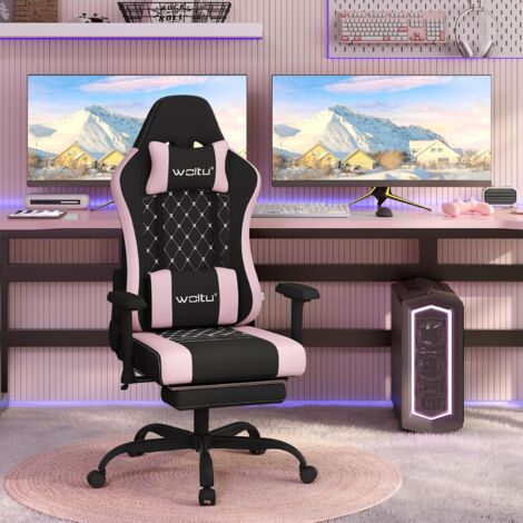 Woltu – Chaise gaming massante large avec coussin lombaire – Dossier inclinable 90° à 155° – Accoudoirs réglables – Tissu maille noir et rose