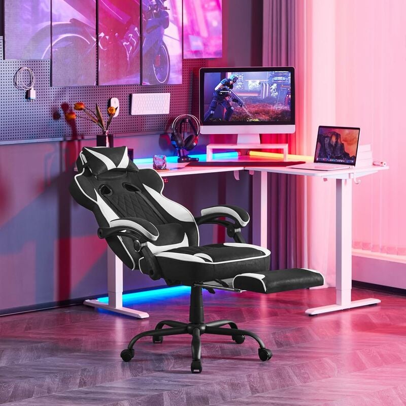 woltu - chaise gaming pivotante à 360°. fauteuil ergonomique réglable en hauteur. chaise d'ordinateur. chaise de bureau en tissu leathaire. noir+blanc