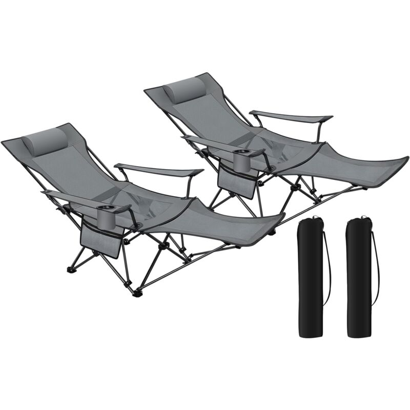 Lot de 2 Chaises Pliante Camping, Chaise Longue, Chaise de Pêche, Dossier Réglable 90-155°, Gris - Woltu