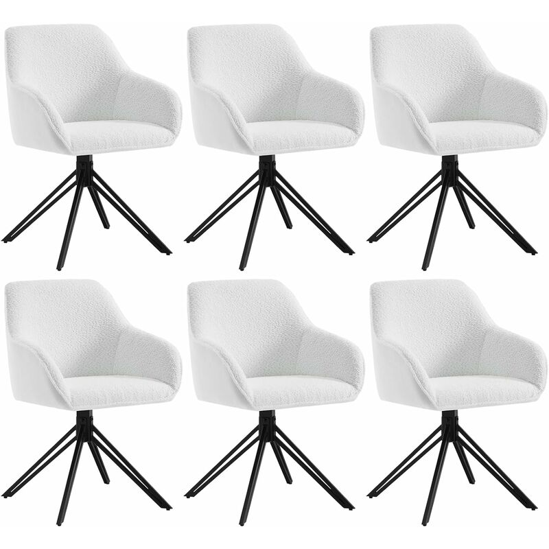 Woltu - Lot de 6 Chaises Salle à Manger Tissu Bouclette, Pieds en Métal, Chaise Cuisine avec Dossier et Accoudoirs, Chaise Scandinave, Blanc