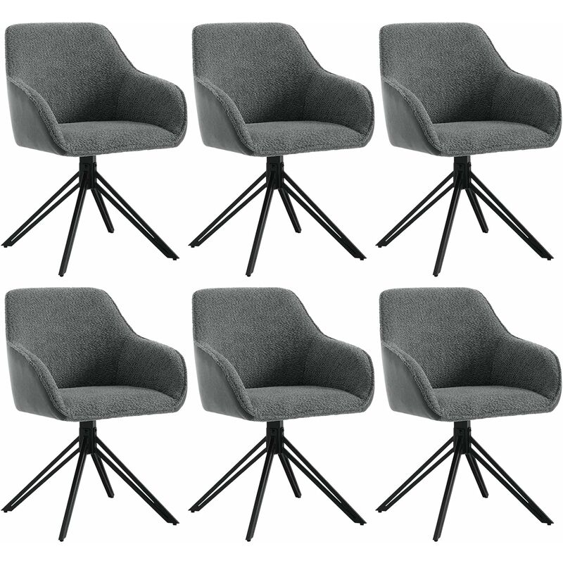 Woltu - Lot de 6 Chaises Salle à Manger Tissu Bouclette, Pieds en Métal, Chaise Cuisine avec Dossier et Accoudoirs, Chaise Scandinave, Gris Foncé