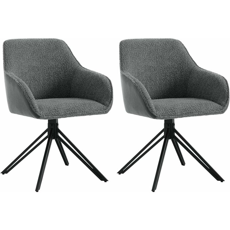Woltu - Lot de 2 Chaises Salle à Manger Tissu Bouclette, Pieds en Métal, Chaise Cuisine avec Dossier et Accoudoirs, Chaise Scandinave, Gris Foncé