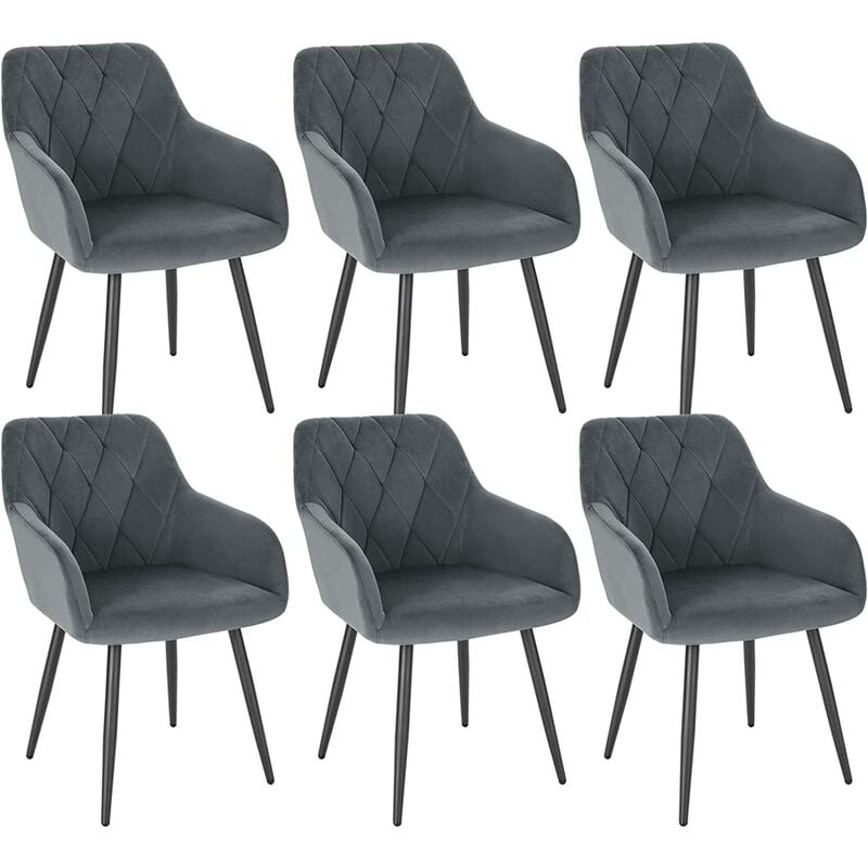 Woltu - Lot de 6 Chaise Salle à Manger Chaise de Cuisine en Velours, Assis Rembourré et Pieds en Métal, Gris Foncé BH352dgr-6