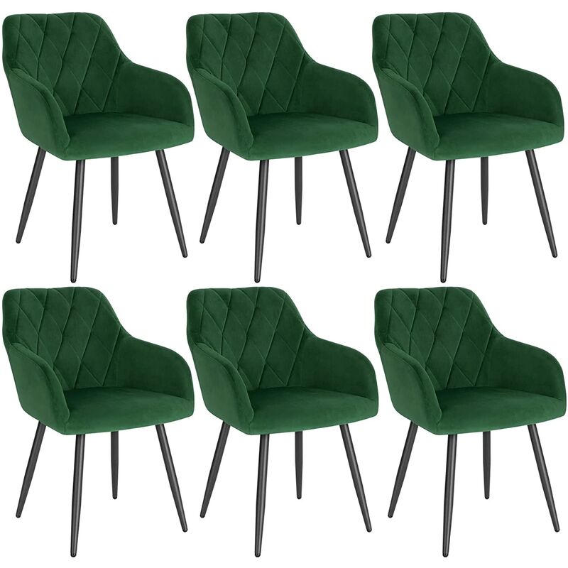 Woltu - Lot de 6 Chaise Salle à Manger Chaise de Cuisine en Velours, Assis Rembourré et Pieds en Métal, Vert Foncé