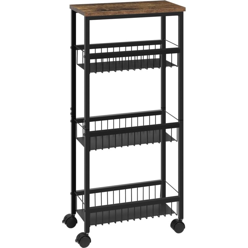 Woltu - Chariot de Rangement avec 1 Plateau et 3 Paniers, Chariot à roulettes, Chariot de Cuisine en Métal Noir + mdf, Marron Vintage