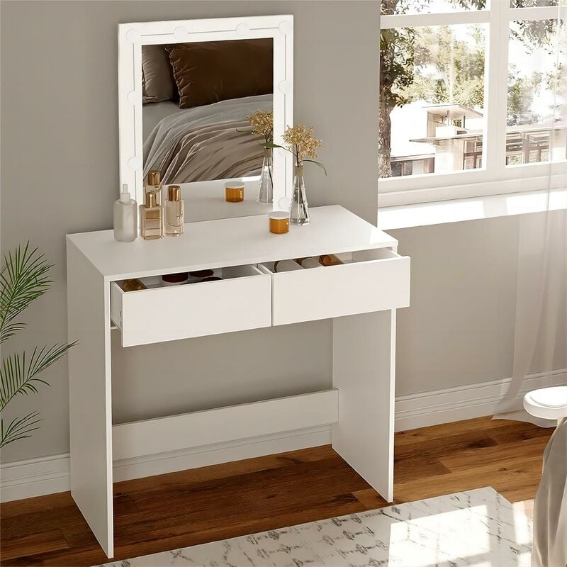 Woltu - Coiffeuse avec 10 Ampoules led Luminosité Réglable, Table de Maquillage avec Miroir et 2 Tiroirs, Blanc