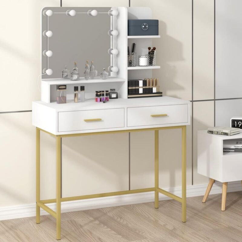 Coiffeuse avec Miroir et 10 Ampoules LED WOLTU, Table de Maquillage avec 2 Tiroirs et 3 Étagères, 90x45x137cm, Blanc+Doré