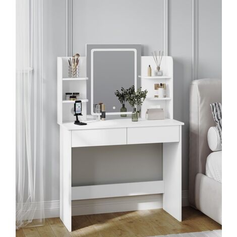 WOLTU Coiffeuse avec Miroir LED à Luminosité Réglable, 2 USB Ports, Table de Maquillage en Bois, Blanc