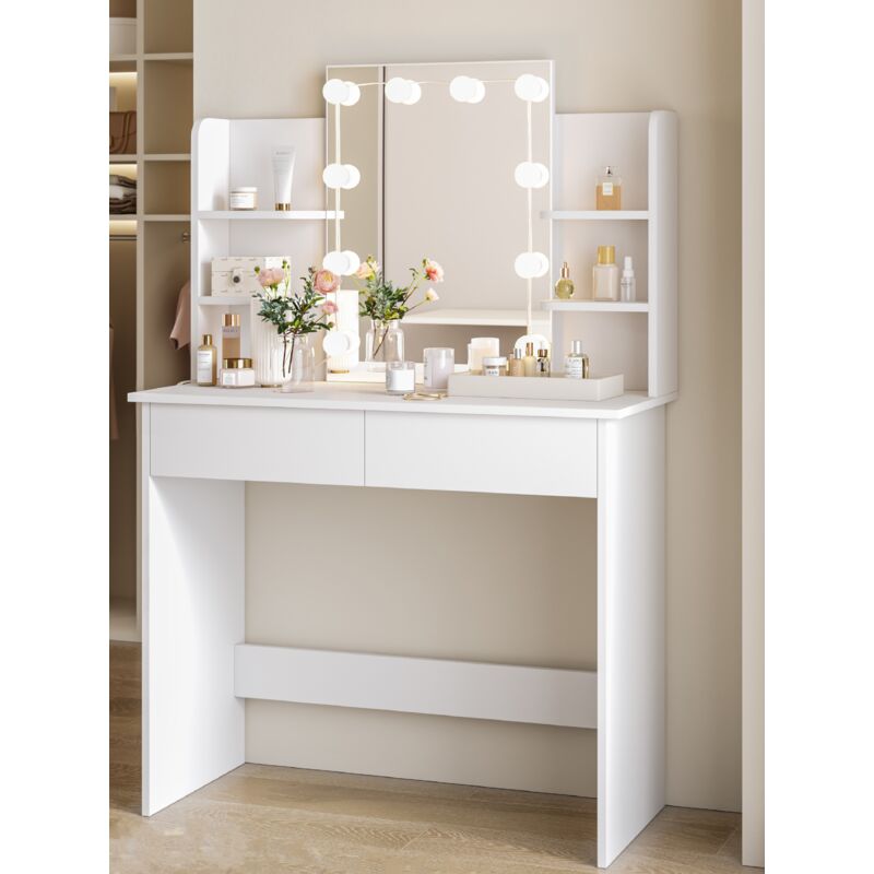 Woltu - Coiffeuse avec Miroir led à Luminosité Réglable Table de Maquillage avec 2 Tiroirs et 4 Étagères de Rangement en Bois, 40 x 90 x 135 cm, Blanc