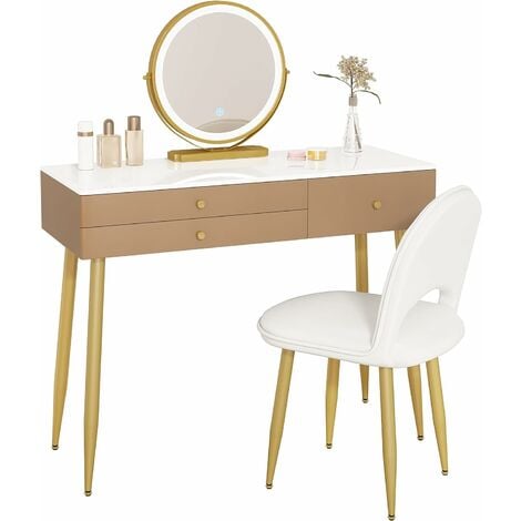 WOLTU Coiffeuse avec Miroir LED Réglable et Chaise en Velours. Table de Maquillage avec 3 Tiroirs. Kaki+Or