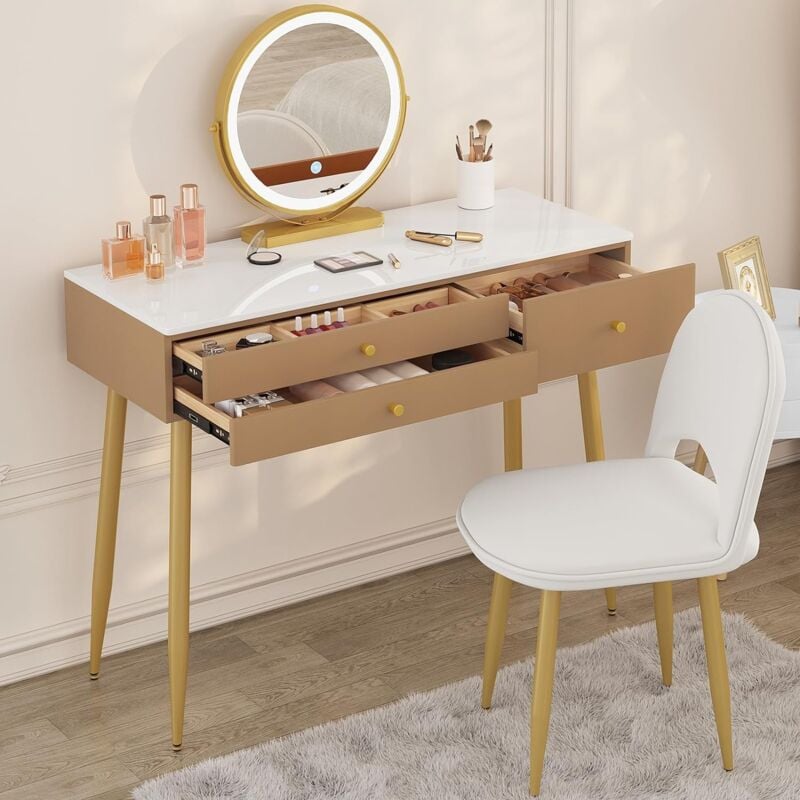 Coiffeuse avec Miroir LED Réglable et Chaise en Velours WOLTU, Table de Maquillage avec 3 Tiroirs, Kaki+Or