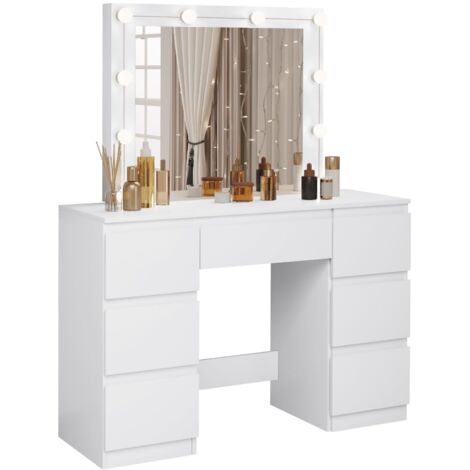 Woltu – Coiffeuse blanche avec miroir LED à luminosité réglable – 7 tiroirs – Dimensions 110x39,5x140,5cm – Bois d'ingénierie