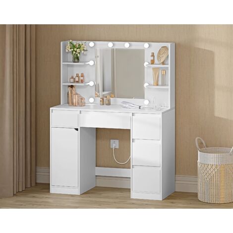 Woltu – Coiffeuse avec miroir et multiprise – Luminosité réglable – 5 tiroirs et 4 étagères – Dimensions 110x40x140 cm – Panneau de particules blanc