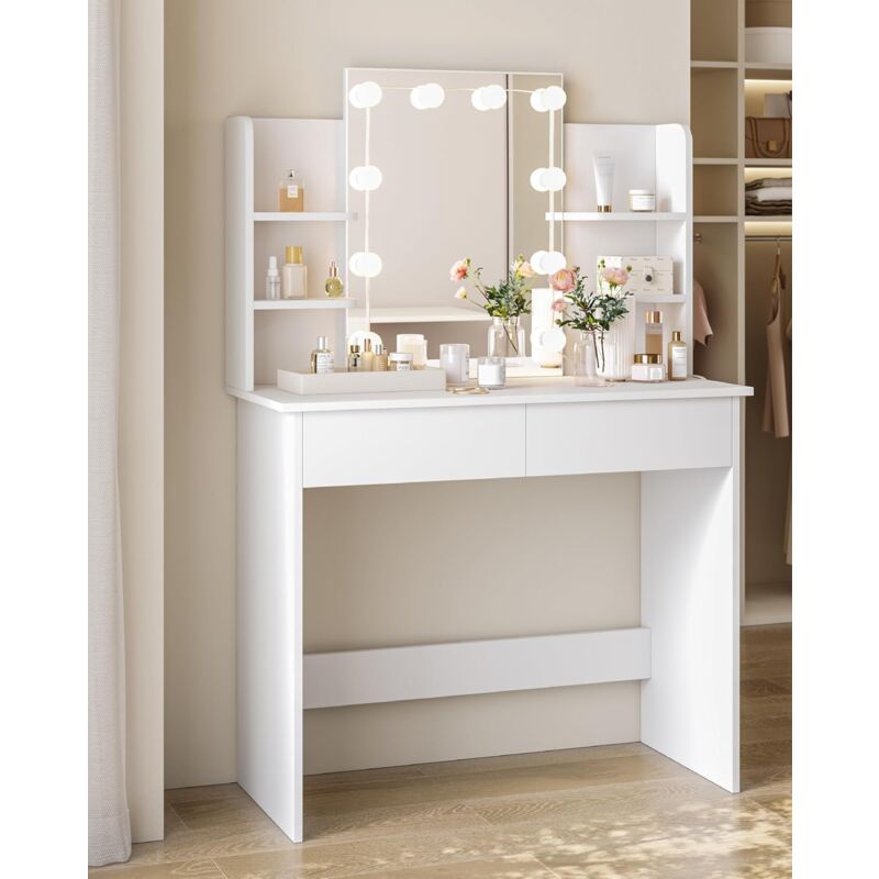 Woltu - Coiffeuse avec Miroir led à Luminosité Réglable Table de Maquillage avec 2 Tiroirs - 4 Étagères de Rangement - Blanc