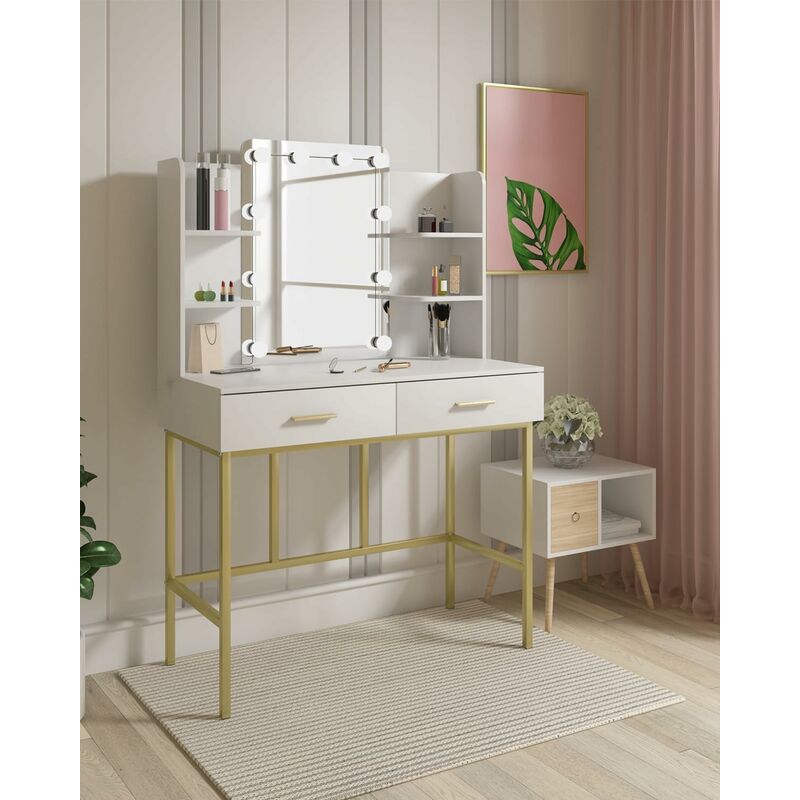 Coiffeuse avec Miroir et LED WOLTU - 4 Étagères de Rangement et 2 Tiroirs - Coiffeuse table de maquillage en Bois et Métal - 90x45x136cm - Blanc et Or
