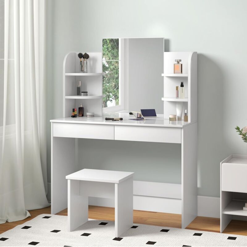 woltu - coiffeuse table de maquillage en mdf.coiffeuse avec miroir et 2 tiroirs + coiffeuse tabouret.108x40x142 cm.blanc