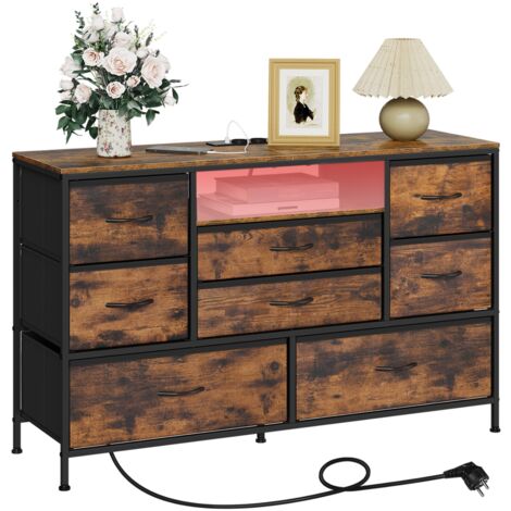 Woltu – Commode 8 tiroirs en tissu brun rustique et noir – Meuble TV avec lumière LED – Armoire avec ports USB et Type-C – Dimensions L120 x P36 x H75 cm