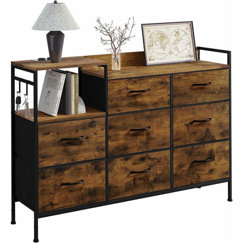 Commode à 8 Tiroirs en Métal et Bois d'Ingénierie E1, ‎30 x 132 x 88 cm, Commode Tiroirs en Tissu et Crochets, pour Salon, Chambre à Coucher, Marron