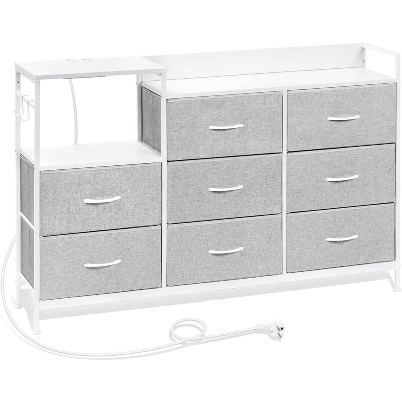 Commode à 8 Tiroirs Woltu Commode avec Station de Charge, Tiroirs en Tissu et Crochets, en Métal et Bois d'Ingénierie E1, Gris Tourterelle + Blanc