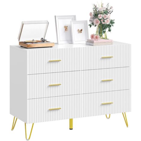Woltu – Commode blanche 6 tiroirs 100x40x75cm – Panneaux de particules E1 – Pieds en métal doré – Meuble de rangement polyvalent