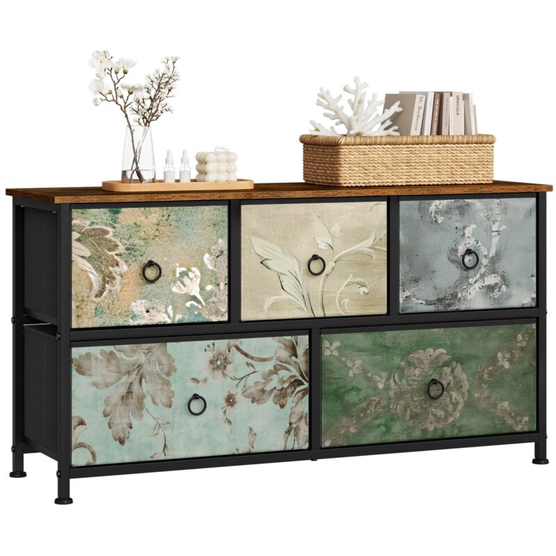 Commode à 4 Tiroirs en Tissu Woltu Meuble tv, Meuble Rangement Cadre en Métal, 100x30x54cm, Marron Rustique+Noir+Motif de Fleur Vintage