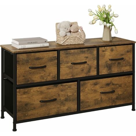 WOLTU Commode Chambre 100x30x54cm, en Bois d'Ingénierie, Cadre en Métal, Meuble de Rangement, Armoire à 2 Niveaux, Commode 5 Tiroirs en Tissu, Style Industriel, Marron Rustique