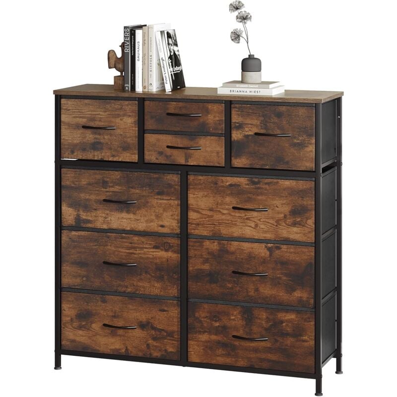 Commode, Commode Chambre, à 10 Tiroirs en Tissu, Meuble de Rangement, Cadre en Métal, Plateau en Bois d'Ingénierie, Marron Rustique et Noir - Woltu